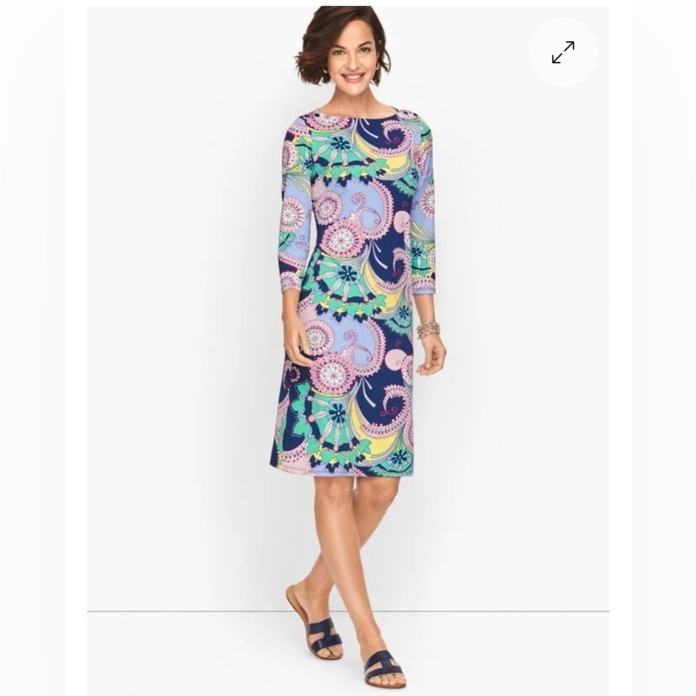 Talbots Spiral Paisley blue jersey knit stretch 3/4 sleeve Knee Length dress